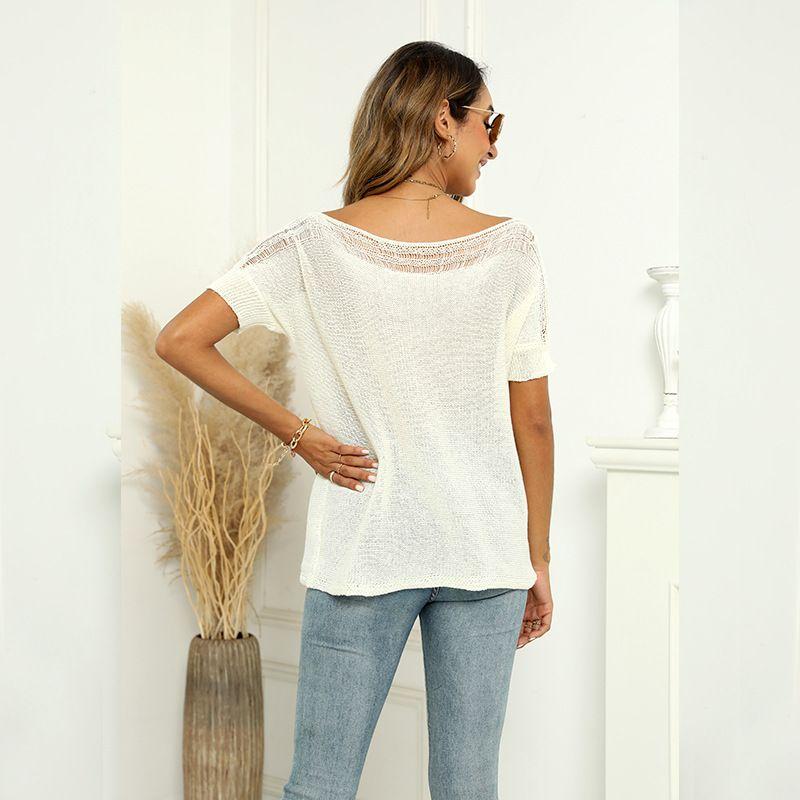 2023 Fashion New Spring and Summer Tops Women's Pure Color off-Neck Sexy Sheer Cutout Short Sleeve Bottoming Shirt T-shirt Women