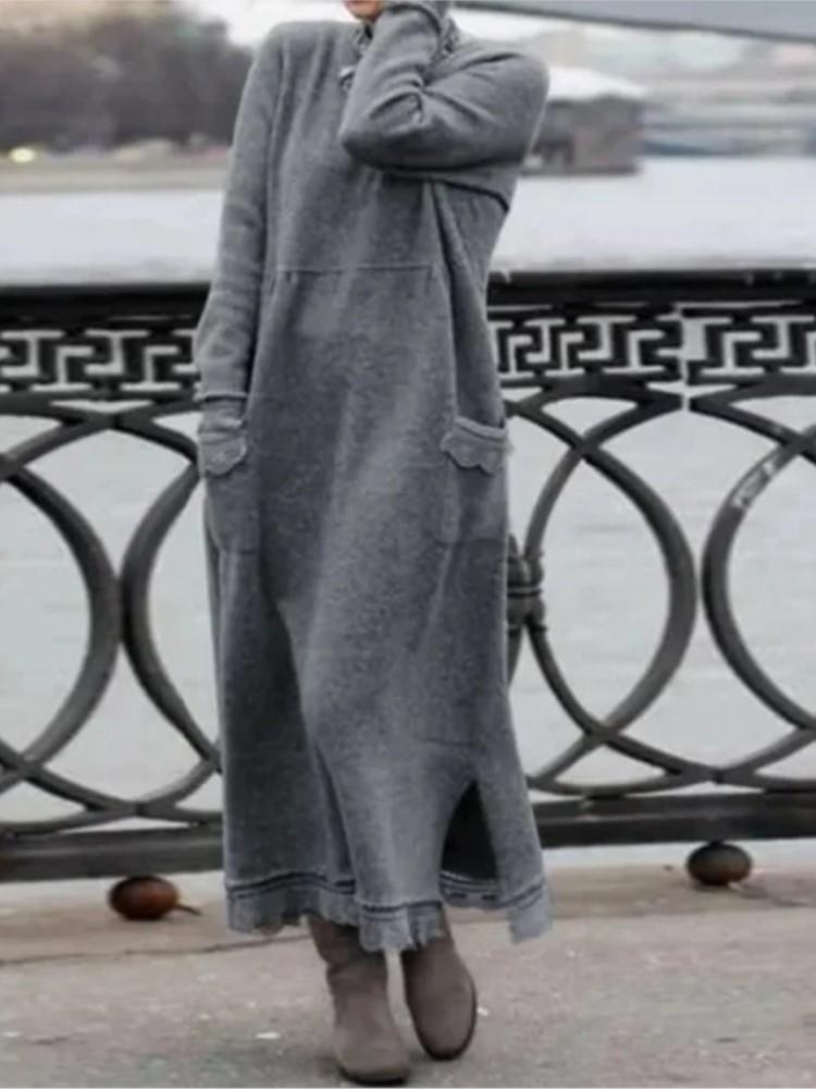 Yeni Sonbahar ve Kış Gevşek Uzun Etek Artı Kadife Sweatshirt Günlük Elbise Kadın Moda Düz O Yaka Uzun Kollu Tatil Elbisesi