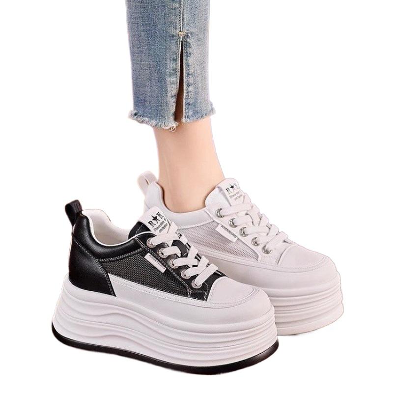 Leather Thick soled Women's Shoes Spring and Autumn New Breathable Sports Shoes 8cm Height Boosting Flat Shoes