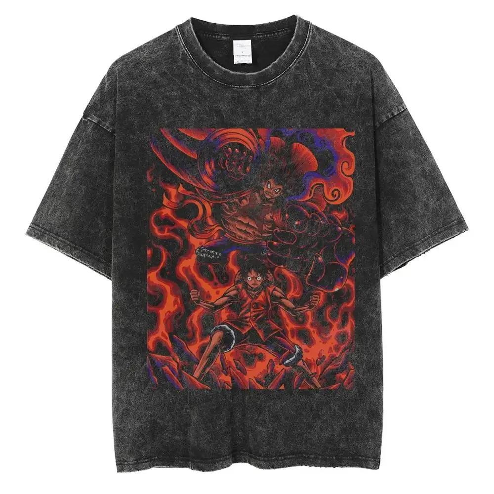 One Piece Monkey D. Luffy Conqueror's Haki Vintage Washed Anime Print Oversized T-Shirt | Unisex Streetwear Top