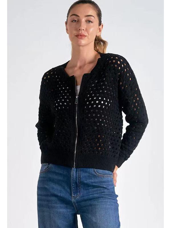 2025 Women's Casual Fashion Hollow Knit Zipper Jacket - European & American Style