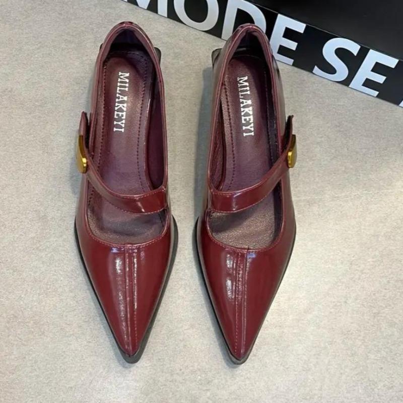 Pantofi cu toc mediu Primăvară Nou Vârf Ascuțit Gură Joasă Cataramă Metalică cu Talpă Moale Antiderapant Rezistent la Uzură Pantofi Simpli