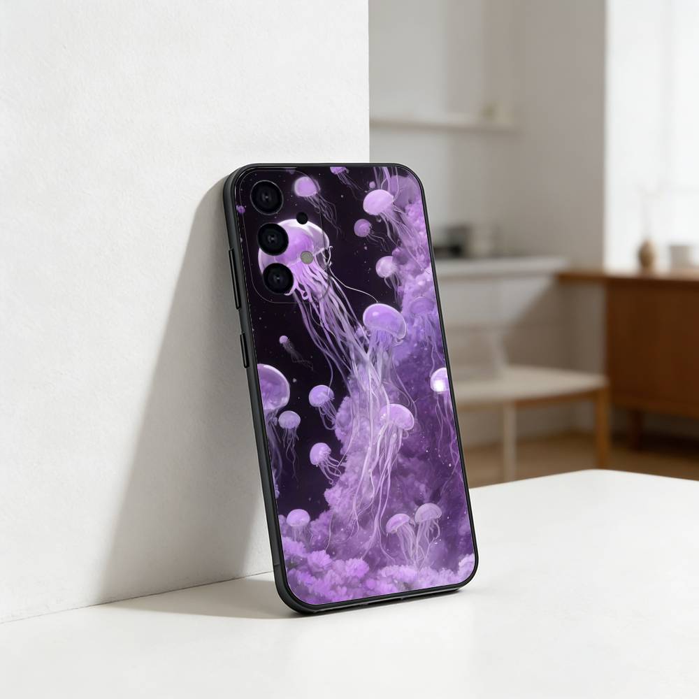INS C-Cartoon Jellyfish Phone Case For Samsung S25,24,23,22,30,21,10,9,Ultra,Plus,Lite Soft Black Case Samsung S25