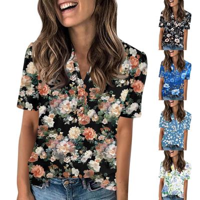 Top de Punto de Manga Corta Casual de Moda para Mujer con Estampado de Botones y Cuello en V