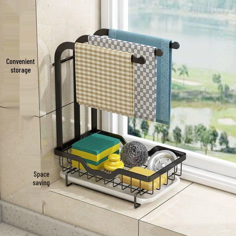 No-Drill Wall-Mounted Towel and Sponge Drying Rack with Multi-Functional Kitchen Storage