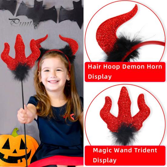 Halloween Costume Accessories Red Devil Costume, Glitter Horn Headband And Trident Prop Glittery Kit for Cosplay, Masquerade Party Performance Adults