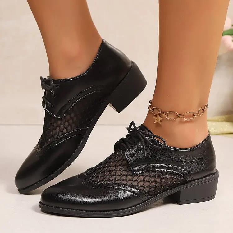 2025 Lace Low Heel Pointy Lace-up Deep Mouth Single Shoes British Retro Handsome Large Size Women's Shoes