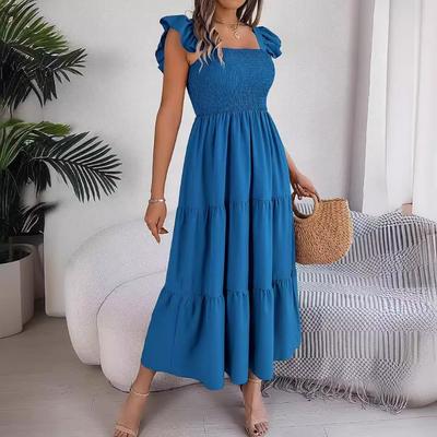 Women's Summer Square Collar Wooden Ear Edge Waist A-line Long Dress