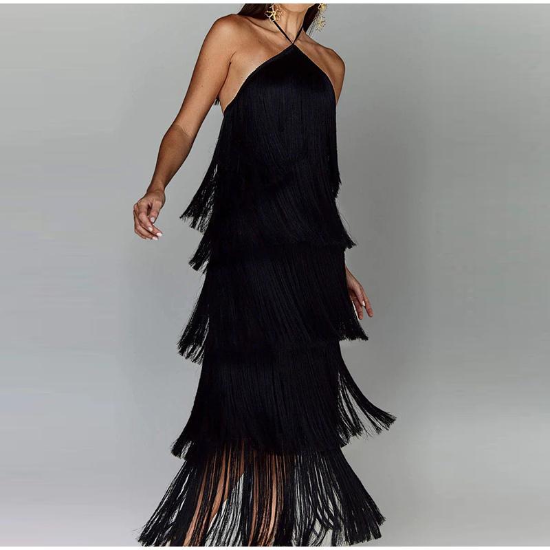 Tassels Halter Split Women Dress Sleeveless Backless Lace Up Party Summer Street Club Evening Robe