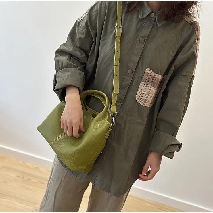 Johnature Geantă de damă din piele naturală, geantă de mână retro, piele de vacă moale, simplă, versatilă, capacitate mare, geantă de umăr