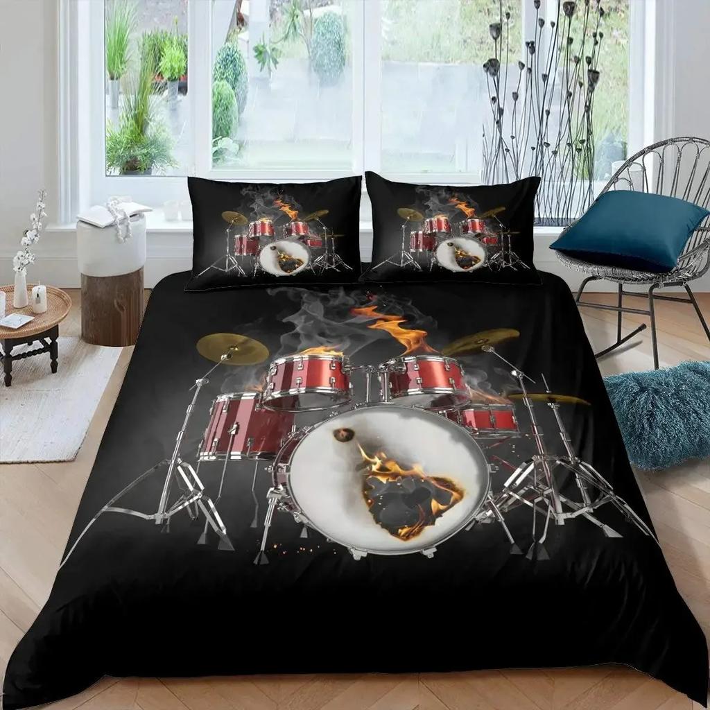 Drum Kit Duvet Cover Set,Hip Hop Bedding Set Queen Size,Rock Music Gold Flame Comforter Cover Musical Instrument Quilt Cover Set