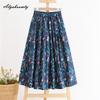 Japanese Mori Girl Spring Summer Women A-Line Skirt Elastic Waist Floral Print Prairie Chic Skirt Elegant Vintage Cotton Linen Skirt