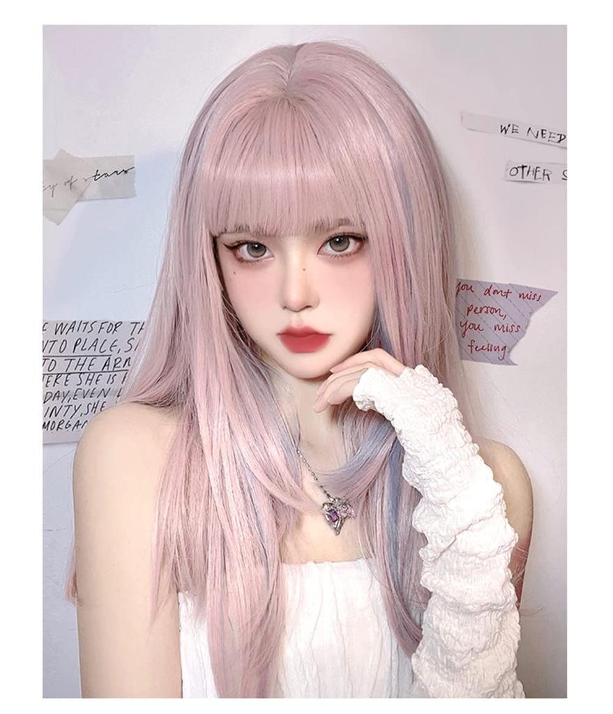 Full Pink X Blue Harajuku Small Face with Net Semi-long Wig, Ladies' Wig, Straight, Natural, Style, Popular, Effect, Cute,
