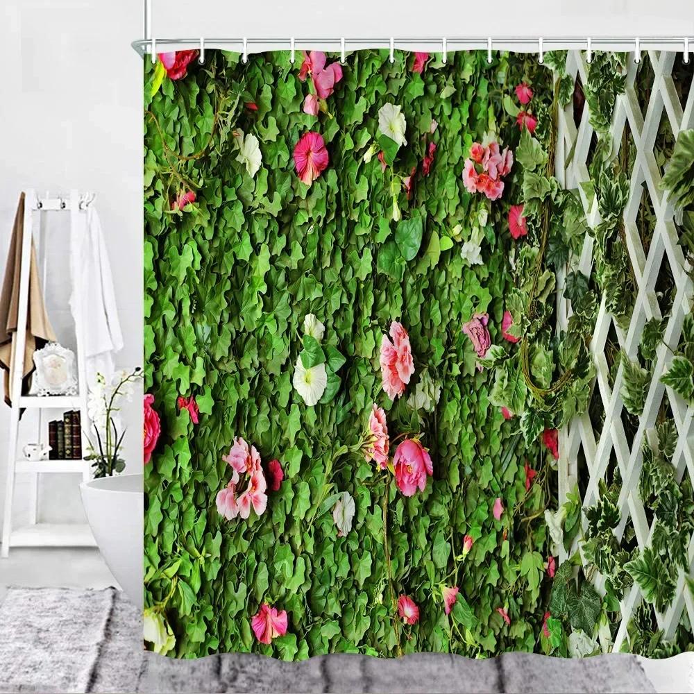 Outdoor Garden Shower Curtain Rose Flower Fence Spring Garden Nature Landscape Bathroom Shower Partition Decorative Curtain