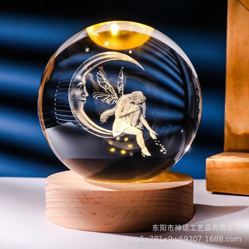 Hot 6cm 3D Crystal Ball Stitch Pikachu Wooden Base with 6cm Crystal Ball Planet Night Light Laser Carving Children's Gifts