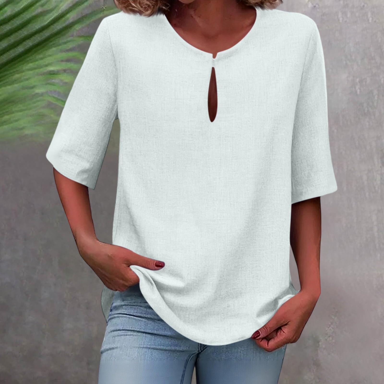 

Женская однотонная хлопково-льняная рубашка большого размера с v-образным вырезом и средним рукавом XL циан