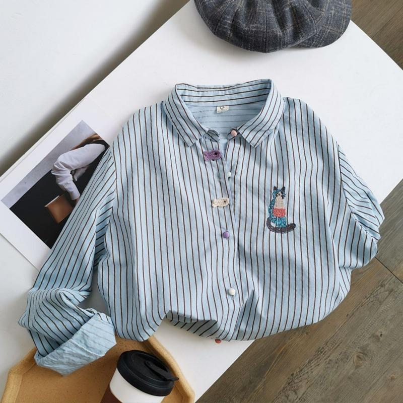 Embroidered Korean Vertical Striped Cotton Long-sleeved Design Versatile Shirt Women Autumn New