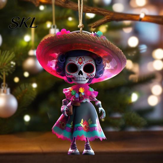 Reusable Halloween Decoration Day of The Dead Hanging Skeleton Decoration, 2D Flat Wooden Of Decor Ornament with Dress for Tree Mexican Holiday Party