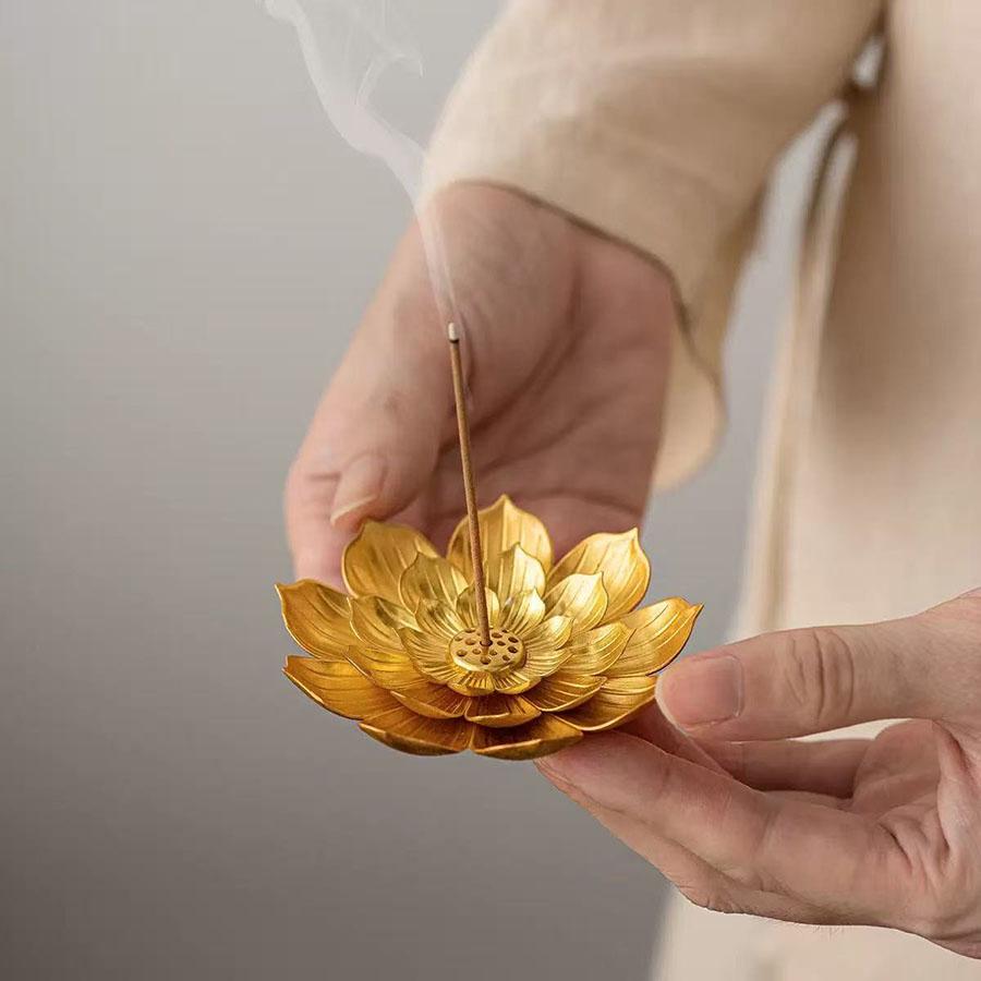 1PC Gold Incense Burner Stick Holder Buddhism Lotus Line Incense Plate Base Temples 7