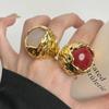 Vintage Metal Geometric Hollow Round Natural Stone Ring For Women Personality Open Ring Party Wedding Zircon Gift