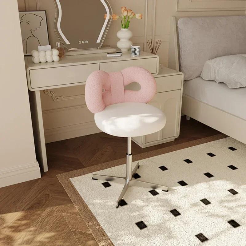 Adjustable Wool/Sheepskin Makeup Chair Rotatable Dressing Stool Easy-to-Clean Bow Tie Design Sag-Proof Computer Seat