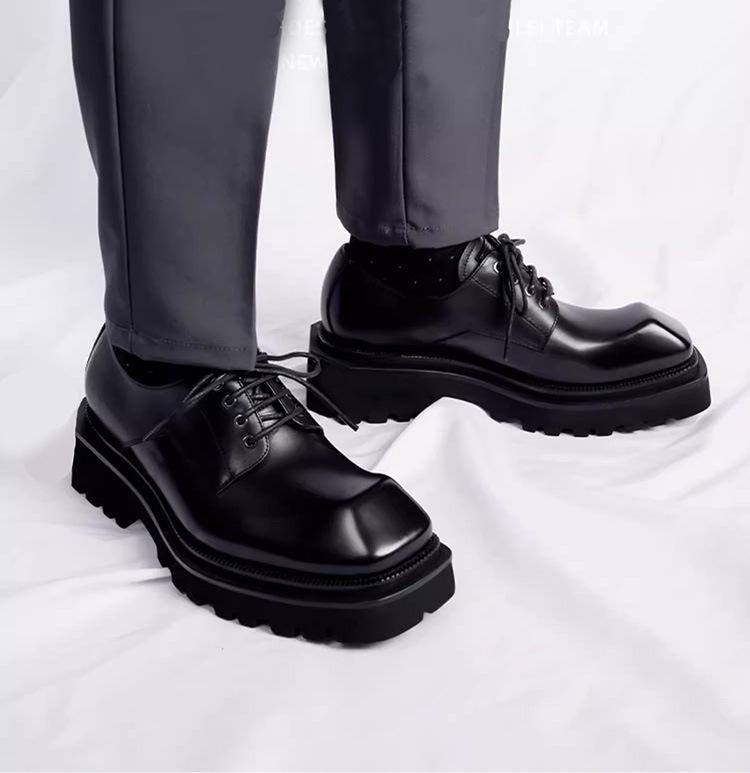 Men s Genuine Leather Square Toe Derby Shoes with Thick Sole - Handmade Retro Business Casual 38