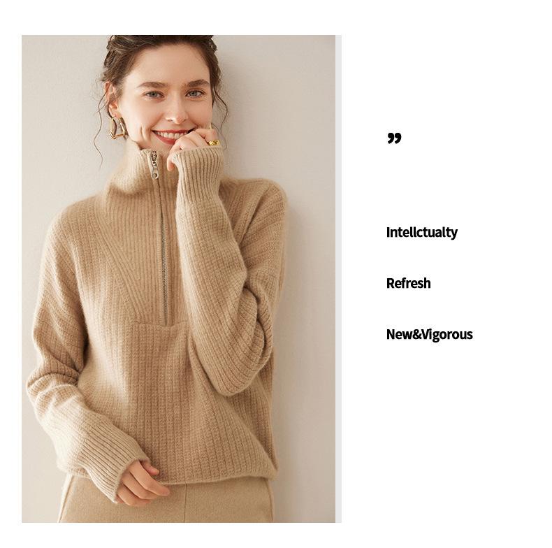 Women's High Neck Pure Cashmere Sweater, Half Zip, Loose Fit, Thickened Knit for Autumn/Winter Fashion.