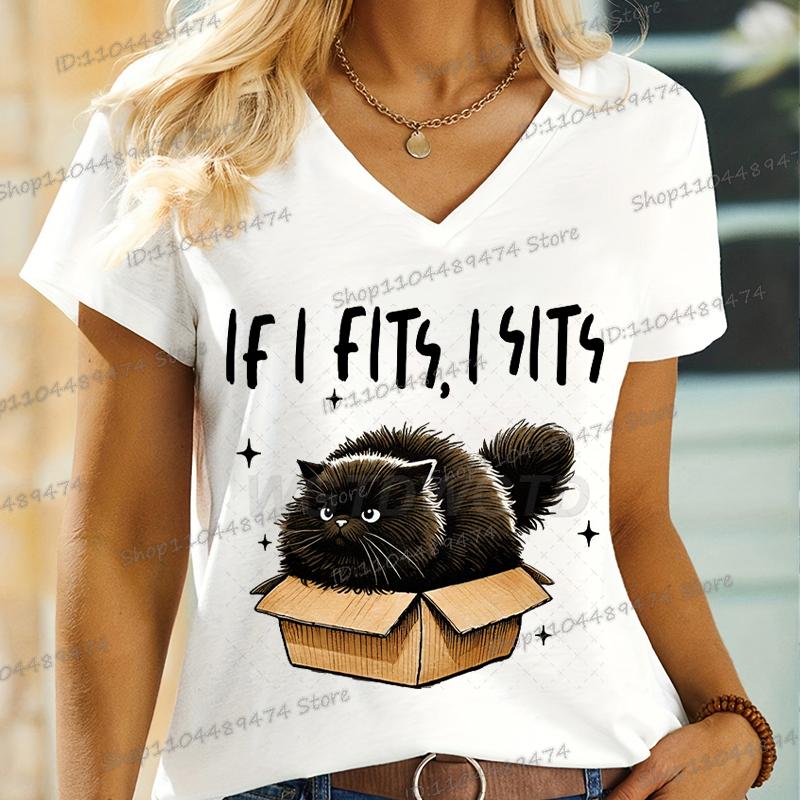 

Funny Cat Sarcastic Quotation T Shirt If I Fits I Sits Cartoon Animal Cat T-shirts Hippie Graphic V Neck Women s Clothing S