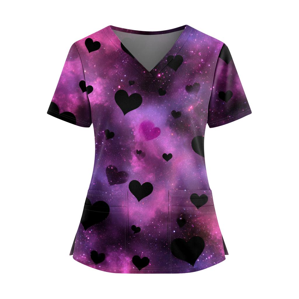 Women's Valentine's Day  Printed V-Neck Double Pocket Short Sleeves Hem Slit  Uniform Caregiver Top
