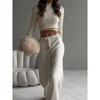 2024 Women's Amazon Spring & Fall Knitting Temperament Leisure Suit Long Sleeves Midriff-Baring Top Wide Leg Pants Suit Suit
