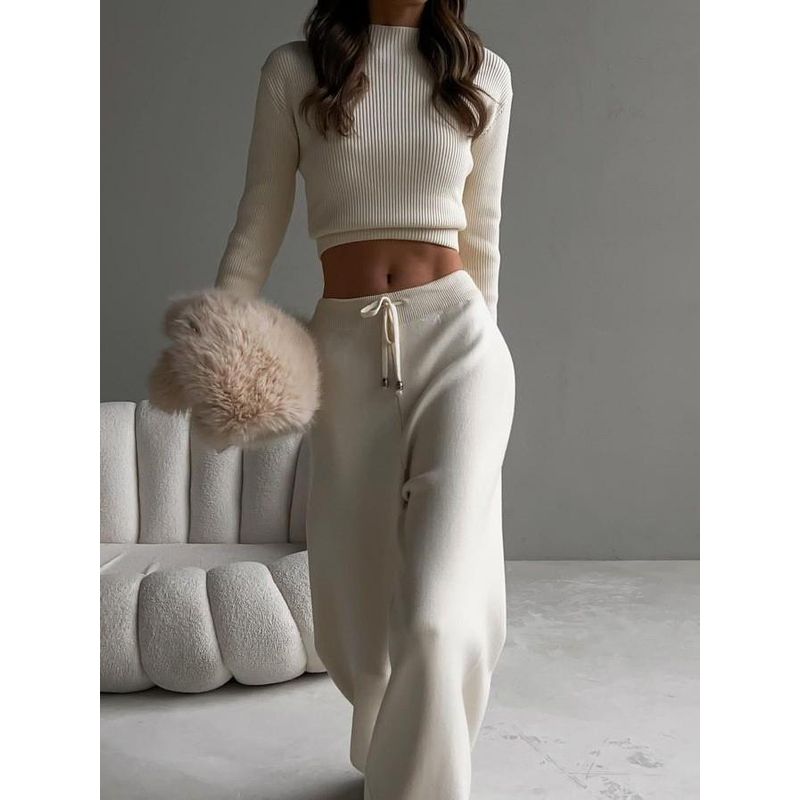 2024 Women's Amazon Spring & Fall Knitting Temperament Leisure Suit Long Sleeves Midriff-Baring Top Wide Leg Pants Suit Suit