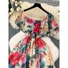 French Style Retro Print Tea Dress Women's Summer Gentle Waist Slim Looking Temperamental Fairy Ruffles Chiffon Dress