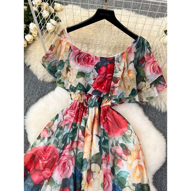 French Style Retro Print Tea Dress Women's Summer Gentle Waist Slim Looking Temperamental Fairy Ruffles Chiffon Dress