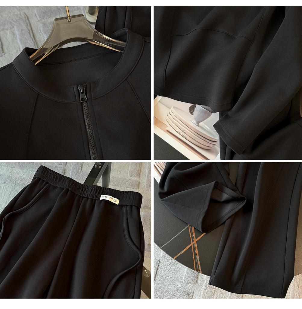 Women's Autumn Casual Sports Set: Slimming Black Long Sleeve Top & Wide Leg Pants