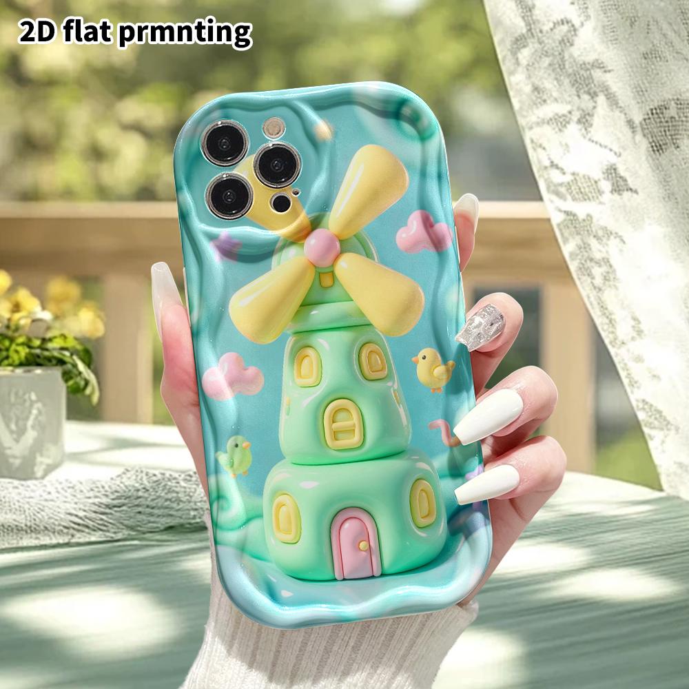 Phone Case: 2D flat design suitable for iPhone 18 17 16 15 14 13Pro, mint green windmill cottage, perfect Christmas and Halloween holiday gift