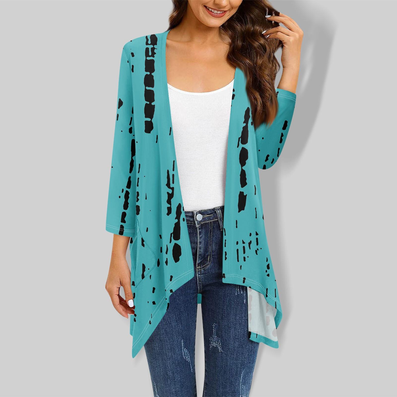 

Женский винтажный кардиган с рукавом 3/4 и графическим принтом, вязаный легкий кардиган с открытой передней частью, свитер с карманами L циан