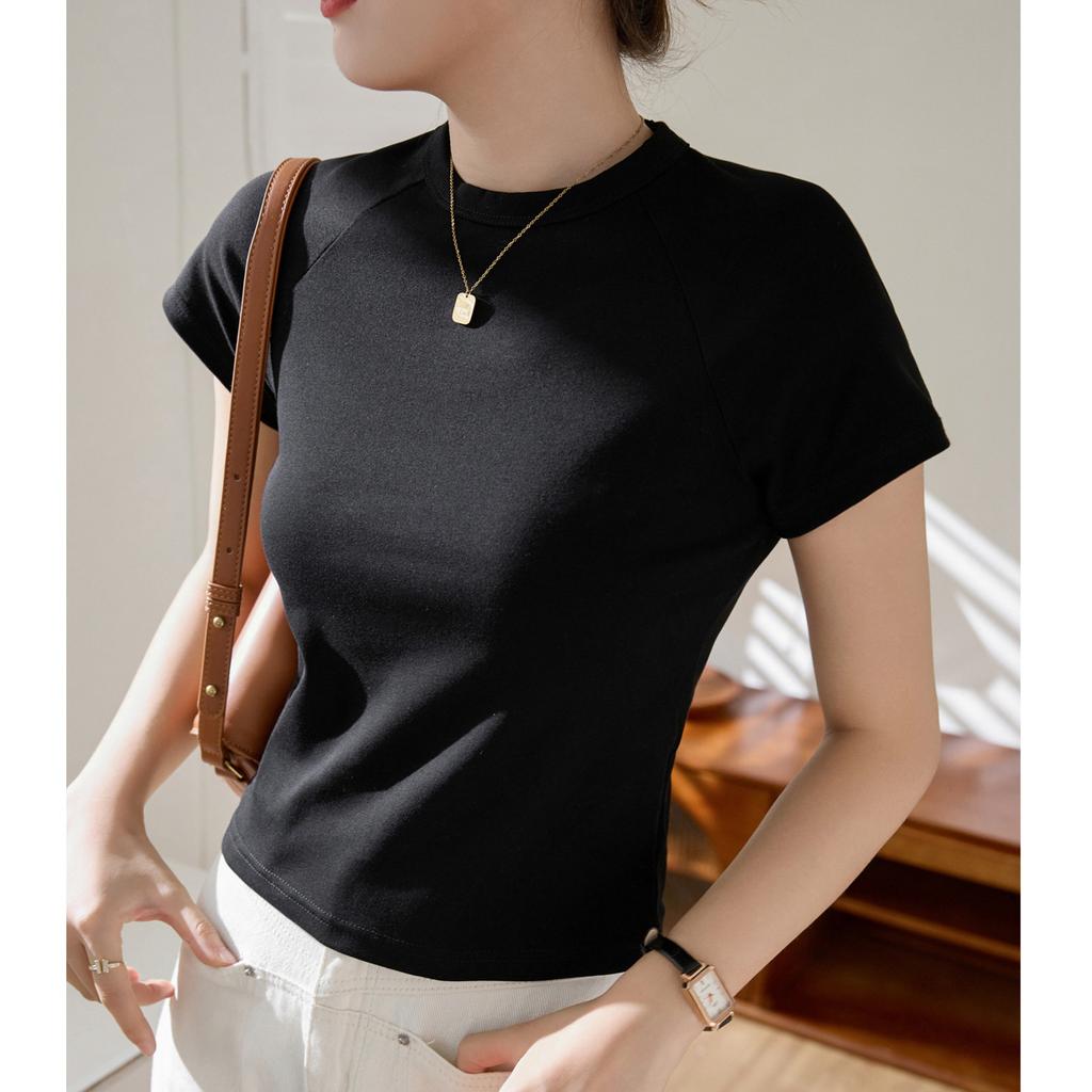 Pure Cotton High-waisted Short T-shirt for Women Summer 2024 New Round Neck Raglan Top Short-sleeved Bottoming Shirt