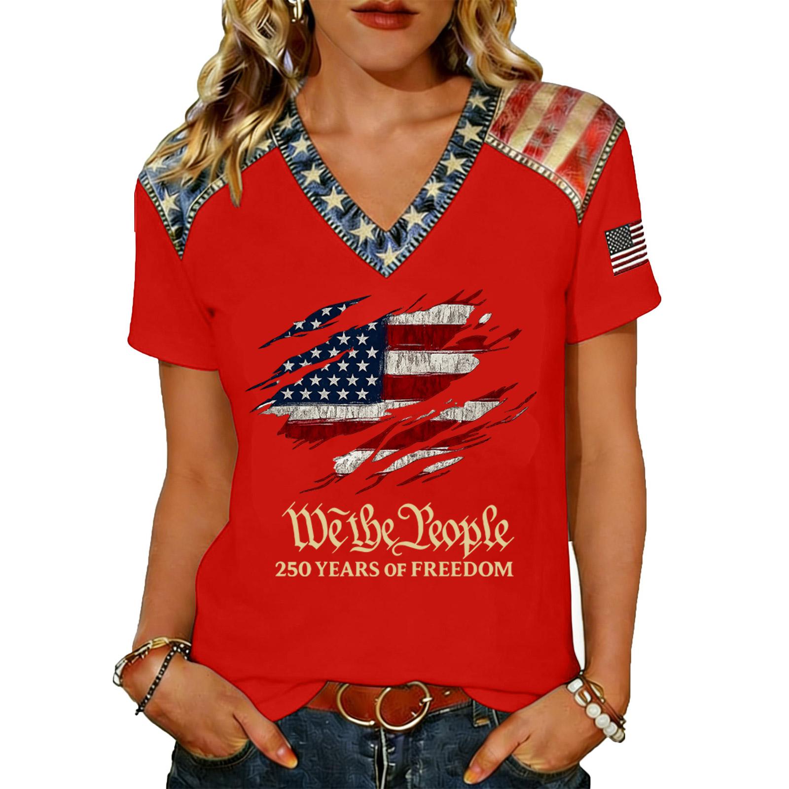 

Womens V Neck Short Sleeve Pullover T Shirt Casual Loose Fit Top with Printed Graphic and Decorative Shoulder for Everyday Wear M красный