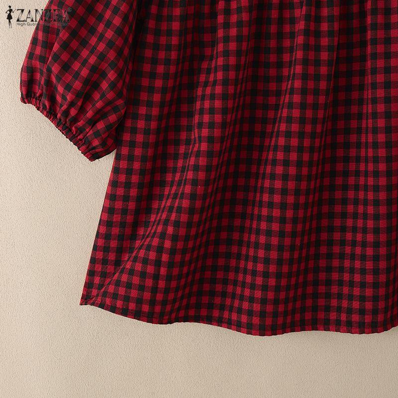 ZANZEA Women Casual Round Neck Half Sleeve Loose Plaid Print Blouse
