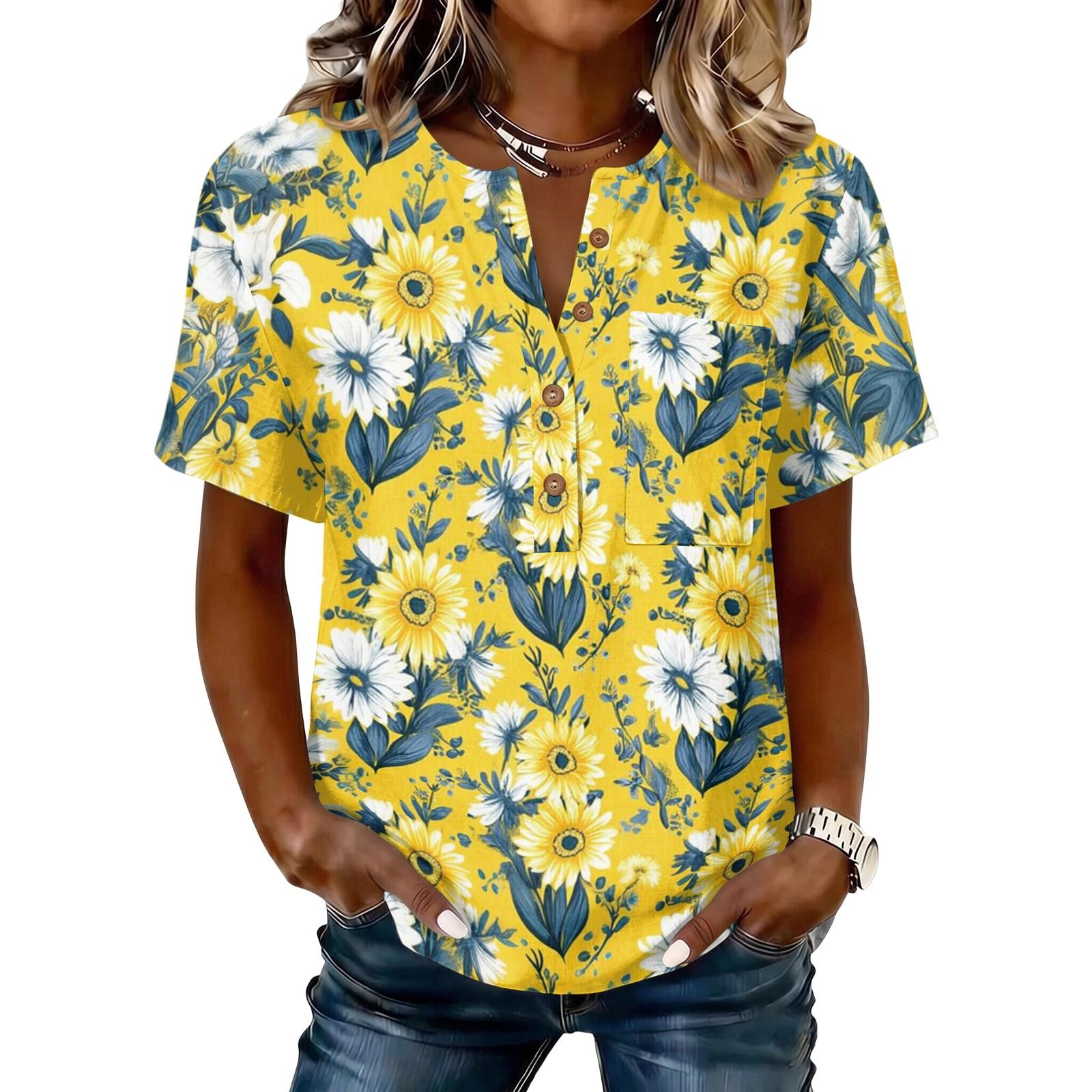 Women’s Fashion Floral Print Henley Neck Short Sleeve Cotton Linen Shirt Casual Loose Fit Button Front Top M