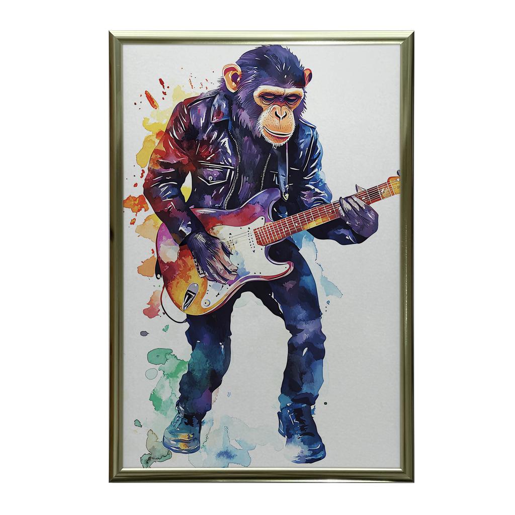 Plakat Małpa Z Gitarą Plakat Małpa Z Gitarą, 50X70 Cm, Rama Drewniana Jasny Dąb, Papier Matowy 230 Gsm