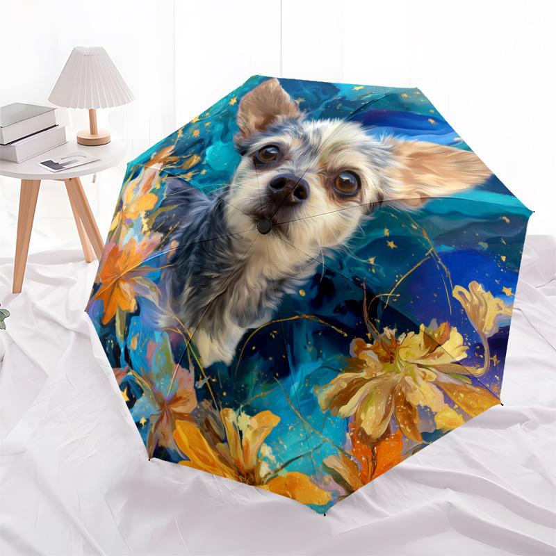 0106 Floral Dog  pattern, automatic folding umbrella, portable and foldable design, 8 ribs, a Christmas or birthday gift.