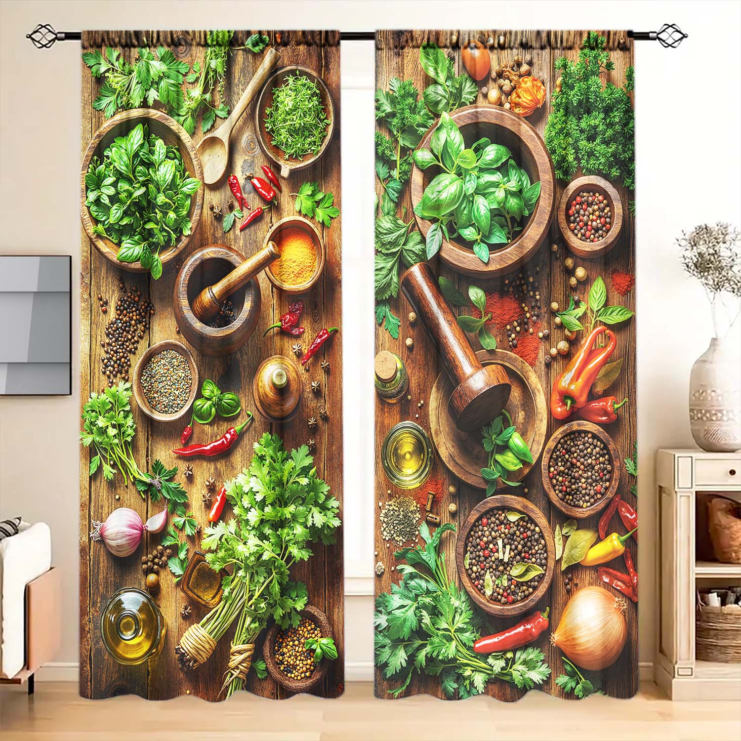 

Panels Family Dietary Seasoning Pattern Curtains Distinctive Printed Suitable Gifting Friends Curtain Polyester W100*H70(CM)-Hooks&2PCS