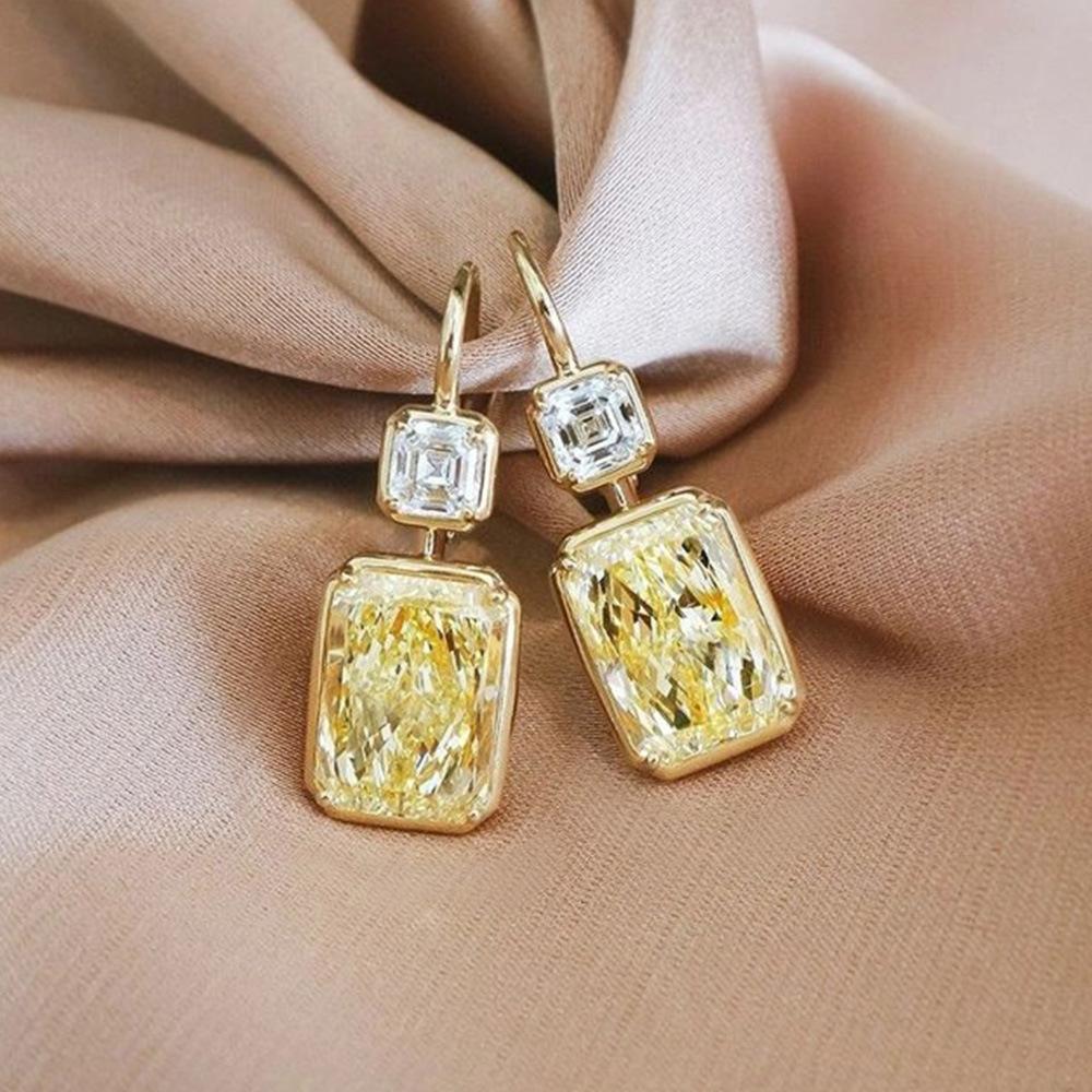 Korean High-End Colored Treasure Earrings Internet Celebrity Style Yellow Diamond Square Zircon Women'S Earrings Simple And Versatile Earrings