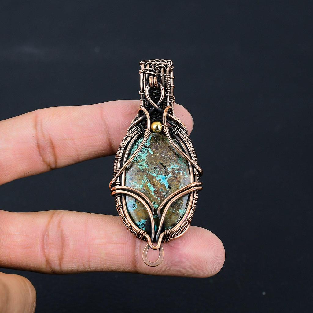 Amazing Azurite Gemstone Pure Copper Wire Wrapped Handmade Pendant Jewelry
