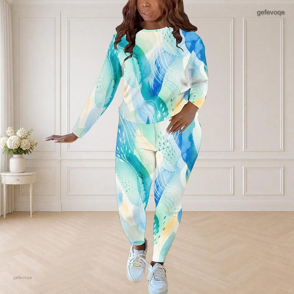 Women Plus Size Dark Blue Printed Round Neck Long Sleeve Top Fitted Pants Two Piece Set
