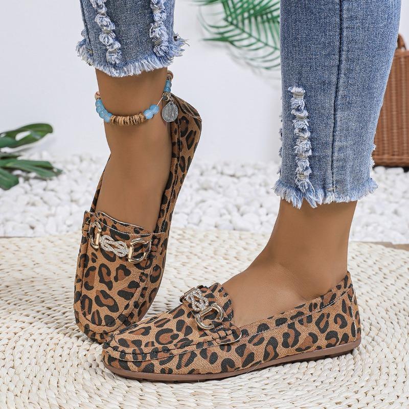 Fashion Fall New Loafers Vintage Round Toe Deep Mouth Leopard Rhinestone Metal Buckle Soft Sole Non-Slip Plus Size Flats
