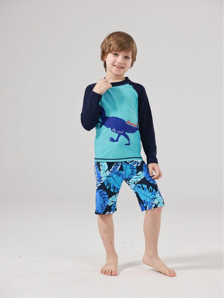Korean Style Boys' Dinosaur Long-Sleeve Two-Piece Swimsuit with Sun Protection, Quick-Drying, for Older Children.