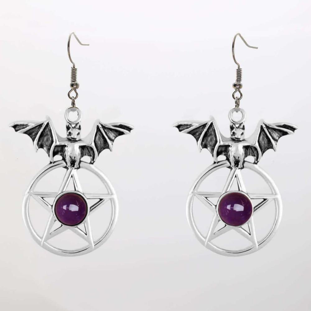 Goth Punk Sliver Color Vampire Bat Five-pointed Star Red Crystal Pendant Dangle Earrings for Women Halloween Party Witch Jewelry