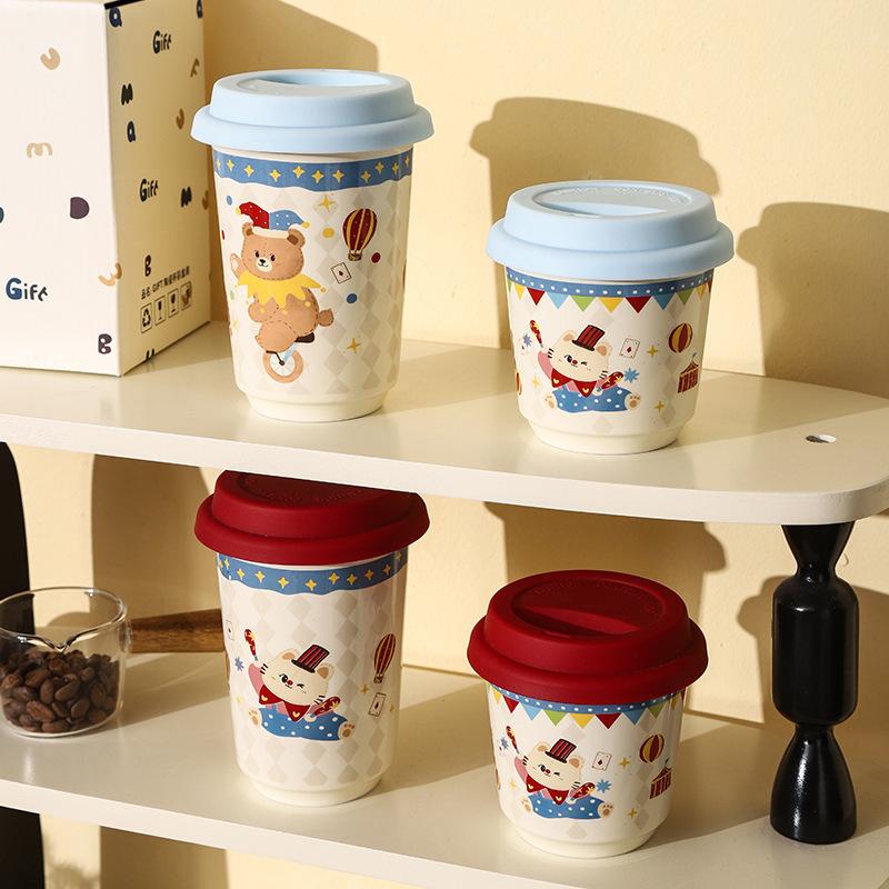 Circus Cartoon with Lid Household Casual Cup Water Cup Gift Ceramic Coffee Cup Breakfast Cup High Appearance